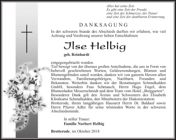 Traueranzeige von Ilse Helbig von Südthüringer Presse