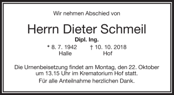 Traueranzeige von Dieter Schmeil von Frankenpost