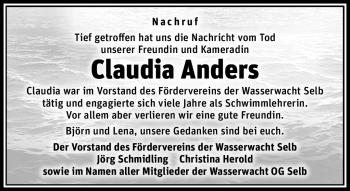 Traueranzeige von Claudia Anders von Frankenpost