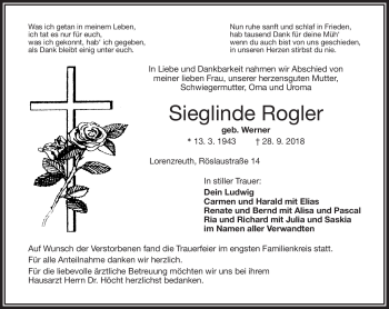 Traueranzeige von Sieglinde Rogler von Frankenpost