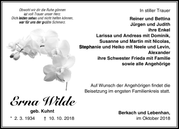 Traueranzeige von Erna Wilde von Südthüringer Presse