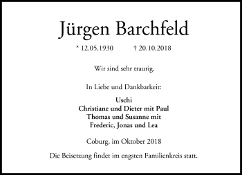 Traueranzeige von Jürgen Barchfeld von Neue Presse Coburg