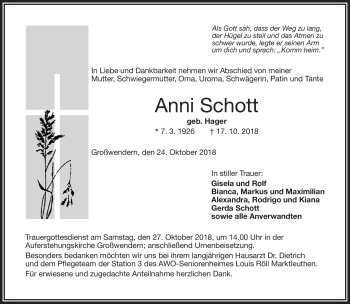 Traueranzeige von Anni Schott von Frankenpost