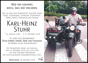 Traueranzeige von Karl-Heinz Stuhr von Südthüringer Presse