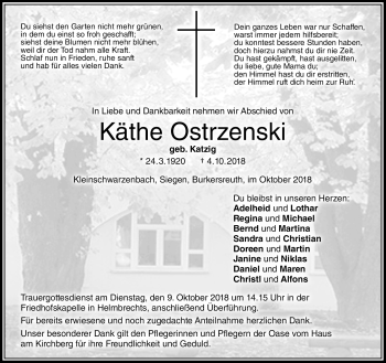 Traueranzeige von Käthe Ostrzenski von Frankenpost