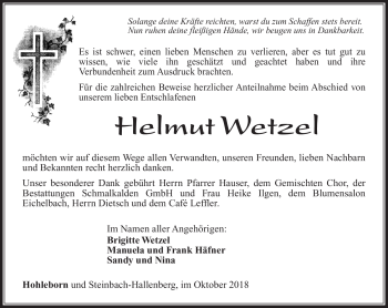 Traueranzeige von Helmut Wetzel von Südthüringer Presse