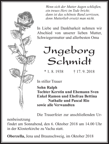 Traueranzeige von Ingeborg Schmidt von Südthüringer Presse