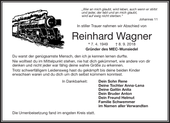 Traueranzeige von Reinhard Wagner von Frankenpost