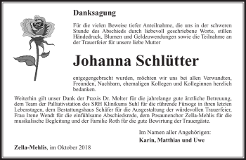 Traueranzeige von Johanna Schlütter von Südthüringer Presse
