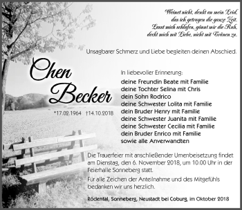 Traueranzeige von Chen Becker von Südthüringer Presse