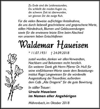 Traueranzeige von Waldemar Haueisen von Südthüringer Presse