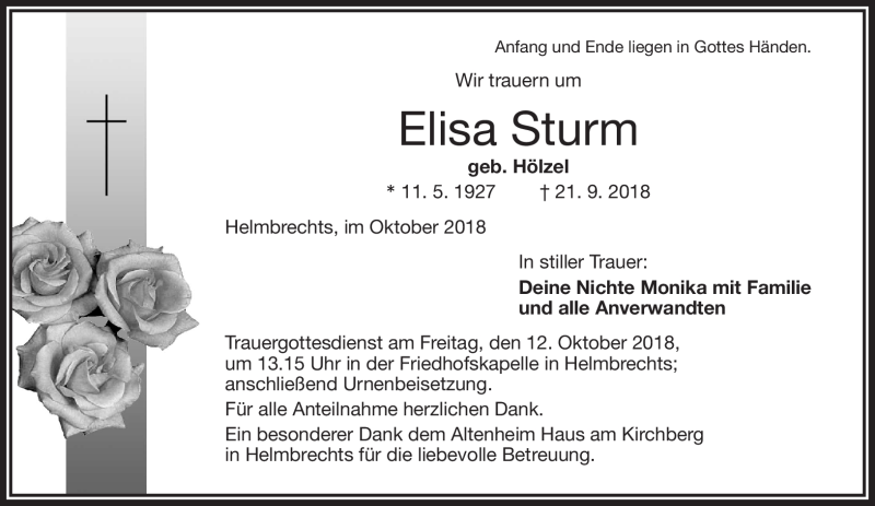  Traueranzeige für Elisa Sturm vom 06.10.2018 aus Frankenpost