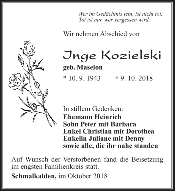 Traueranzeige von Inge Kozielski von Südthüringer Presse