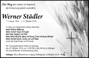 Traueranzeige von Werner Städler von Südthüringer Presse