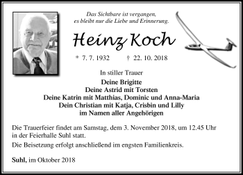 Traueranzeige von Heinz Koch von Südthüringer Presse