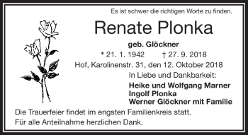 Traueranzeige von Renate Plonka von Frankenpost
