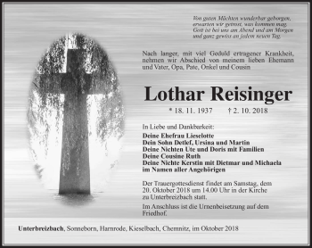 Traueranzeige von Lothar Reisinger von Südthüringer Presse
