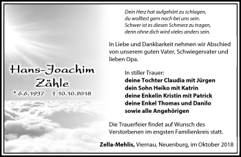 Traueranzeige von Hans-Joachim Zähle von Südthüringer Presse