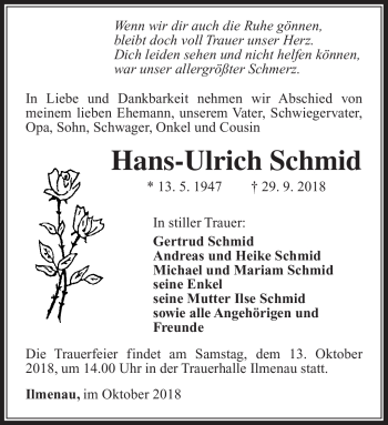 Traueranzeige von Hans-Ulrich Schmid von Südthüringer Presse