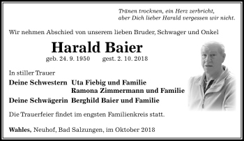 Traueranzeige von Harald Beier von Südthüringer Presse