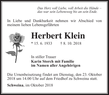 Traueranzeige von Herbert Klein von Südthüringer Presse