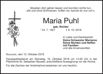Traueranzeige von Maria Puhl von Neue Presse Coburg