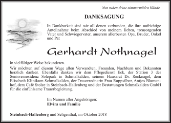 Traueranzeige von Gerhardt Nothnagel von Südthüringer Presse