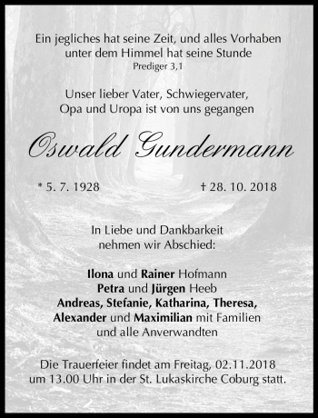 Traueranzeige von Oswald Gundermann von Neue Presse Coburg
