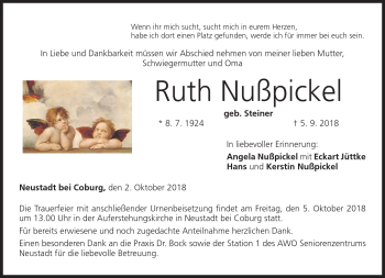 Traueranzeige von Ruth Nußpickel von Neue Presse Coburg