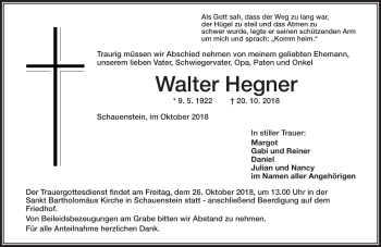 Traueranzeige von Walter Hegner von Frankenpost