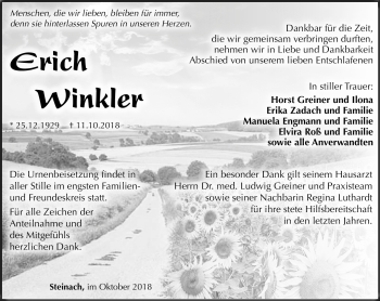 Traueranzeige von Erich Winkler von Südthüringer Presse