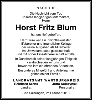 Traueranzeige von Horst Fritz Blum von Südthüringer Presse
