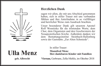 Traueranzeige von Ulla Menz von Südthüringer Presse