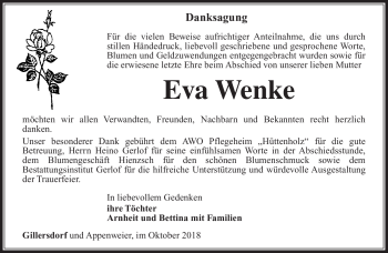 Traueranzeige von Eva Wenke von Südthüringer Presse
