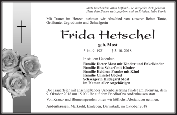 Traueranzeige von Frida Hetschel von Südthüringer Presse