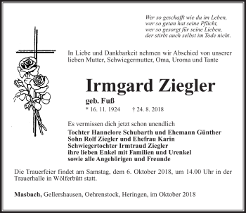 Traueranzeige von Irmgard Ziegler von Südthüringer Presse