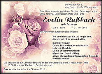 Traueranzeige von Evelin Raßbach von Südthüringer Presse