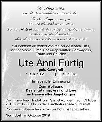 Traueranzeige von Ute Anni Fürtig von Südthüringer Presse