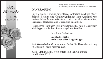 Traueranzeige von Elke Hönicke von Südthüringer Presse