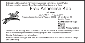 Traueranzeige von Anneliese Kob von Frankenpost
