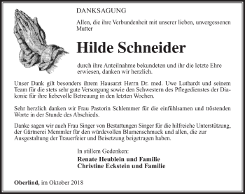 Traueranzeige von Hilde Schneider von Südthüringer Presse
