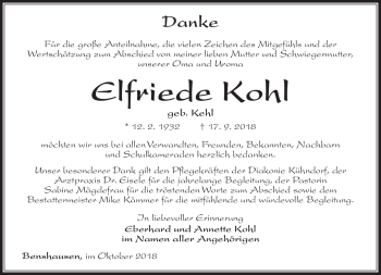 Traueranzeige von Elfriede Kohl von Südthüringer Presse