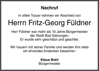 Traueranzeige von Fritz-Georg Füldner von Südthüringer Presse
