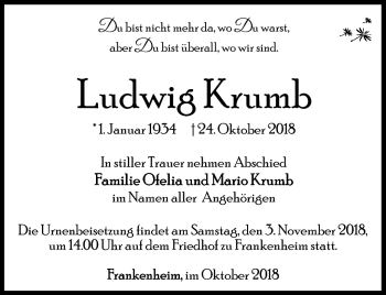 Traueranzeige von Ludwig Krumb von Südthüringer Presse