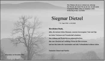 Traueranzeige von Siegmar Dietzel von Südthüringer Presse