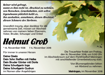 Traueranzeige von Helmut Groß von Südthüringer Presse