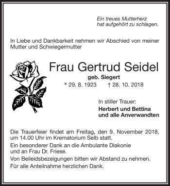 Traueranzeige von Gertrud Seidel von Frankenpost