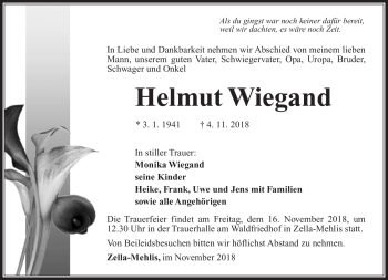 Traueranzeige von Helmut wiegand von Südthüringer Presse