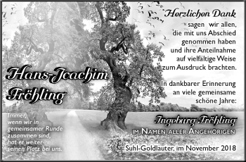 Traueranzeige von Hans-Joachim Fröhling von Südthüringer Presse