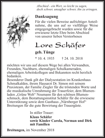 Traueranzeige von Lore Schäfer von Südthüringer Presse